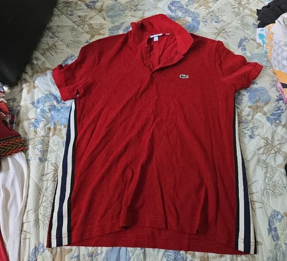 Lacoste Red Polo with Navy Stripe Accents - Picture 2 of 4